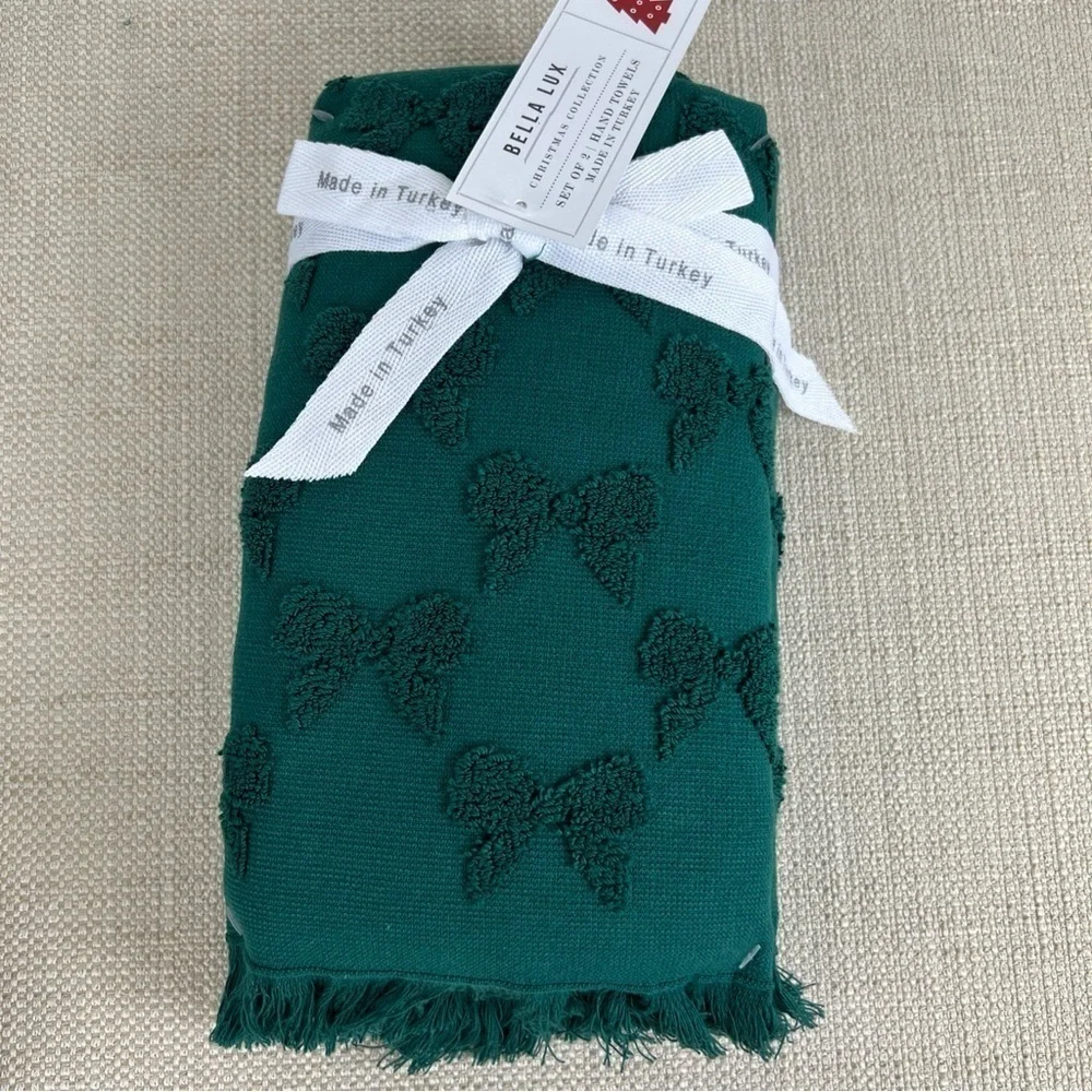 Bella Lux Bathroom Towel Set Christmas Collection Green Bows Cotton Set of 4 NEW